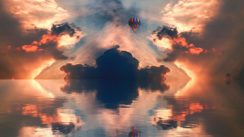 Hot air balloon, Sunset, Clouds, Seascape, Horizon, Reflections, 5K, 8K, Wallpaper