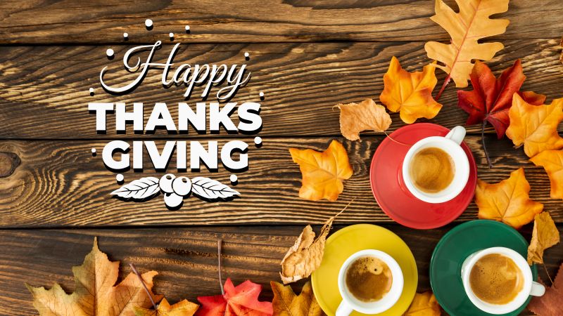 Happy Thanksgiving, Thanksgiving Day, Autumn leaves, Wooden background, Coffee cups, Wooden Floor, Wallpaper