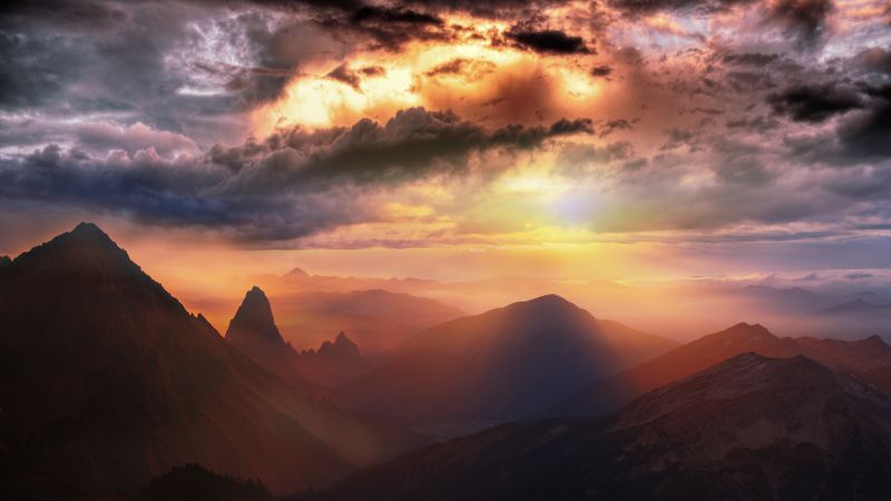 Mountains, Sunset, Fog, Clouds, Landscape, 5K, 8K, Panorama, Wallpaper