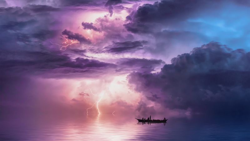 Surreal, Storm, Boat, Clouds, Thunderstorm, Ocean, 5K, 8K, Wallpaper