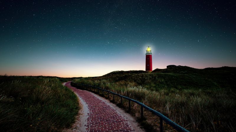 Lighthouse, Starry sky, Night, Landscape, 5K, 8K, Wallpaper
