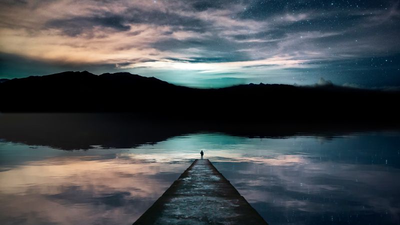 Alone, Sunset, Silhouette, Mountains, Lake, Reflections, Starry sky, 5K, Wallpaper