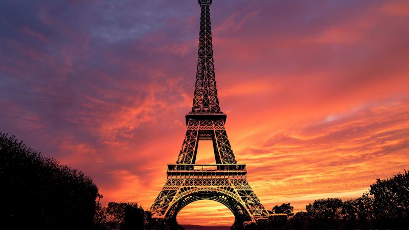 Eiffel Tower, Sunset, Evening sky, Paris, Silhouette, Twilight, Orange sky, Wallpaper