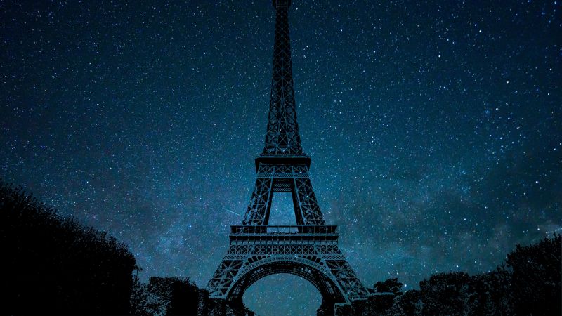 Eiffel Tower, Night, Paris, Silhouette, Starry sky, Blue Sky, 5K, Wallpaper