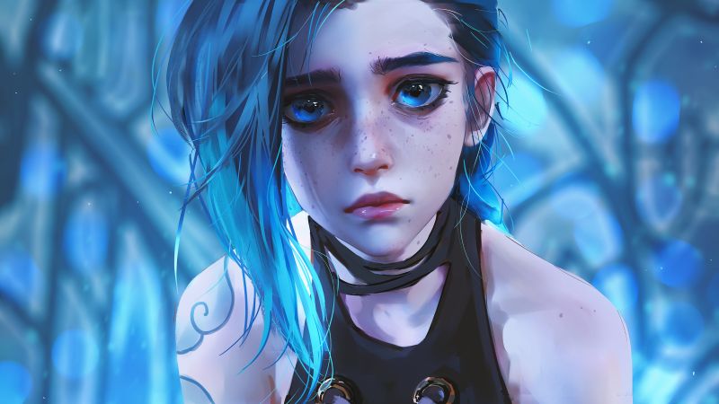 Jinx, Arcane: League of Legends, Sad, Blue background, 5K, Sad face, Wallpaper