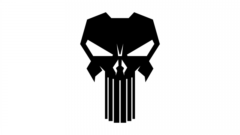 The Punisher logo, White background, Black Punisher logo, 5K, 8K, Marvel Comics, Wallpaper