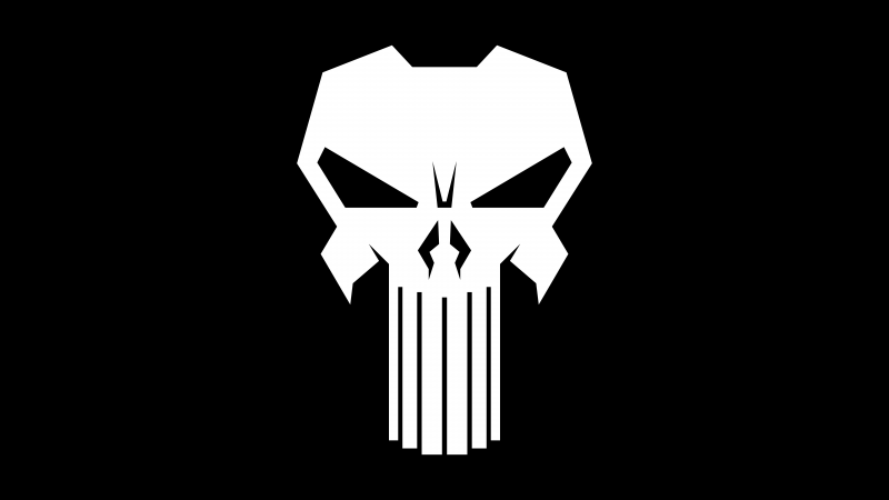 The Punisher logo, Black background, AMOLED, 5K, 8K, Marvel Comics, Wallpaper
