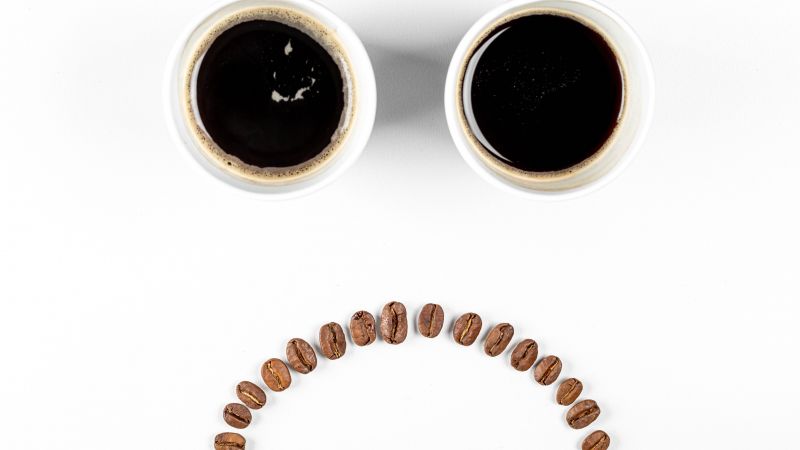 Sad day, Black Coffee, Coffee cups, Coffee beans, White background, Sad mood, Sad smiley, 5K, Wallpaper
