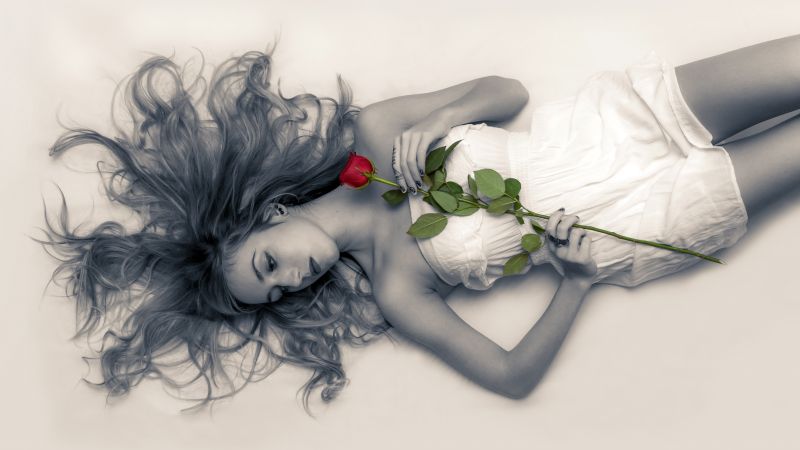 Sad girl, Lying down, Red Rose, Sad mood, Monochrome, 5K, Wallpaper
