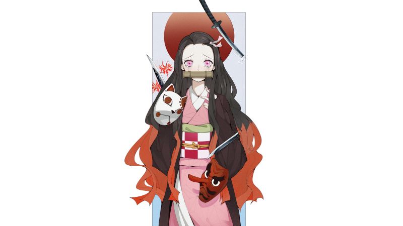 Nezuko Kamado, Demon Slayer: Kimetsu no Yaiba, 5K, White background, Wallpaper