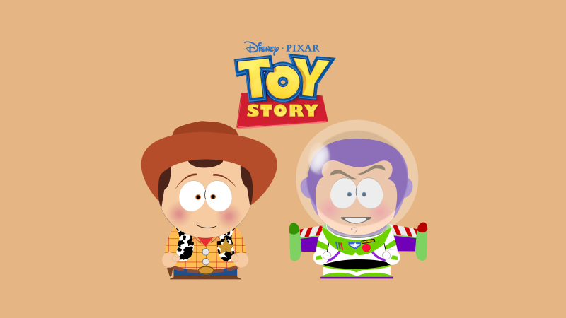 South Park style, Toy Story, Woody, Buzz Lightyear, Pastel background, 5K, 8K, 10K, Wallpaper
