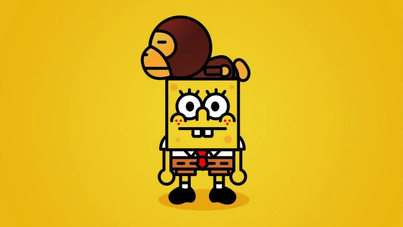 SpongeBob SquarePants, Monkey, Yellow background, Wallpaper