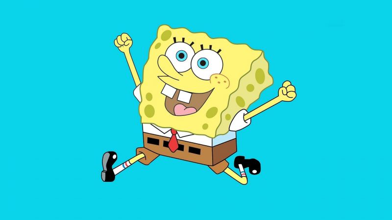Happy SpongeBob, Cyan background, SpongeBob SquarePants, 5K, Wallpaper