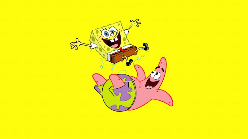 SpongeBob, Patrick Star, SpongeBob SquarePants, Yellow background, Cartoon, 5K, Wallpaper
