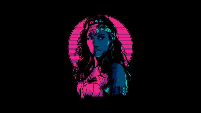 Wonder Woman 1984, Wonder Woman, Fan Art, Black background, Neon, 5K, Wallpaper