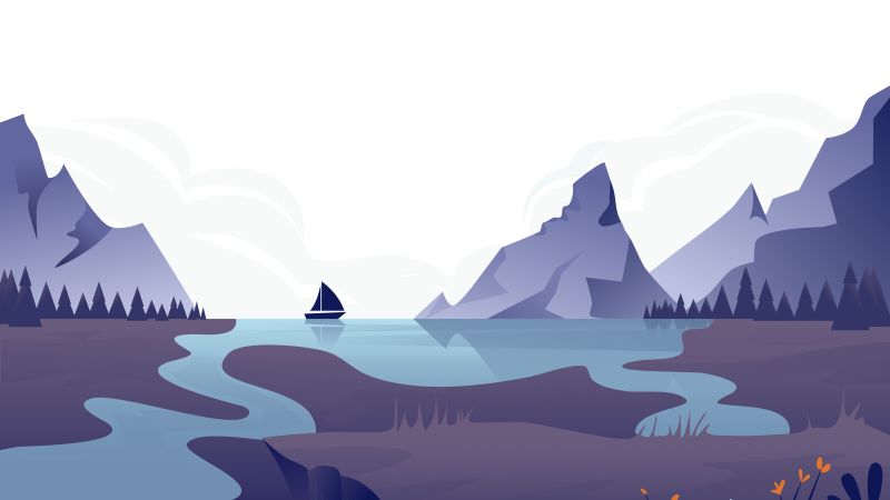 Sailing boat, River, Mountains, Minimal art, Landscape, Illustration, 5K, 8K, Wallpaper