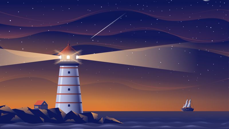 Lighthouse, Night, Ocean, Ship, Starry sky, Night sky, Moon, House, 5K, 8K, Illustration, Wallpaper