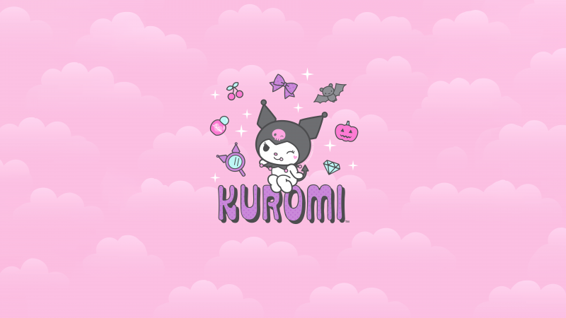 Kuromi, Cartoon, Hello Kitty, Pink background, Black jester hat, Pink skull, White rabbit, 5K, Girly backgrounds, Wallpaper