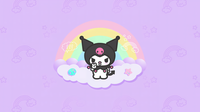 Kuromi, Hello Kitty, Black jester hat, Pink skull, White rabbit, Purple background, 5K, Cartoon, Girly backgrounds, Wallpaper