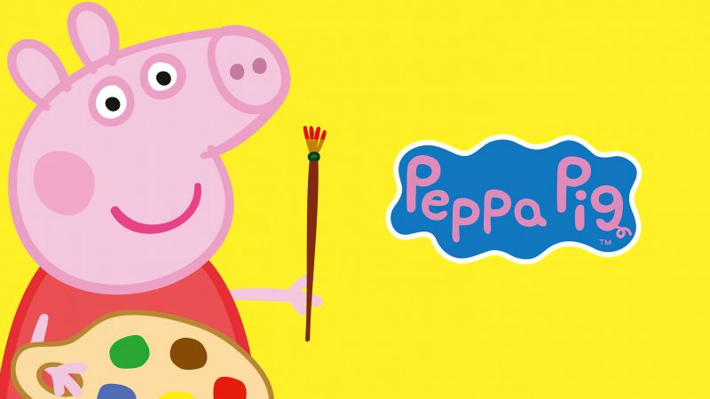 Peppa Pig, TV show, Cartoon, Yellow background, Paint brush, 5K, Wallpaper
