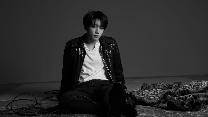 Jungkook, Monochrome, BTS, South Korean Singer, Black and White, Wallpaper