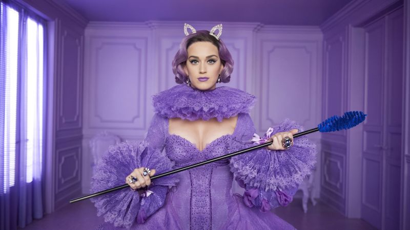 Katy Perry, American singer, Purple outfit, Purple background, Wallpaper