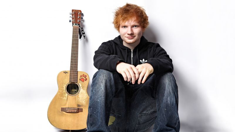 Ed Sheeran, English singer, Guitar, White background, 5K, Wallpaper