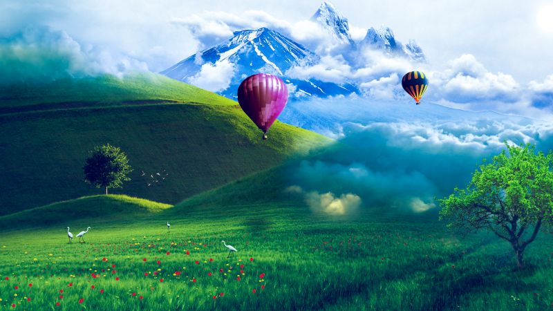 Hot air balloons, Scenery, Landscape, Greenery, Mountains, Wallpaper