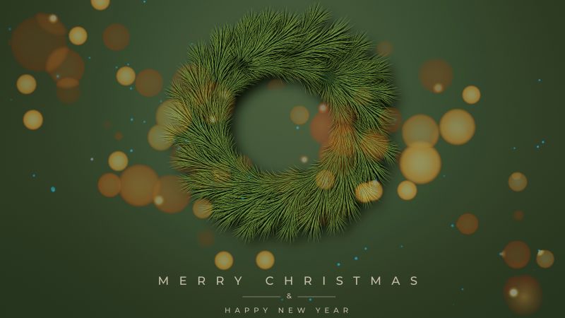 Merry Christmas, Happy New Year, Christmas wreath, Green background, 5K, 8K, Wallpaper