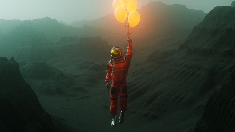 Space suit, Dream, Surreal, Balloons, Mountains