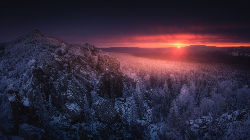 Ural Mountains, Sunset, Mountain range, Winter forest, 5K, Wallpaper