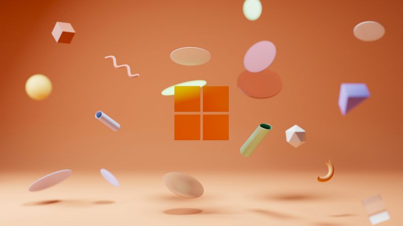 Windows 11, Orange background, Floating objects, Shapes, Windows logo, Wallpaper