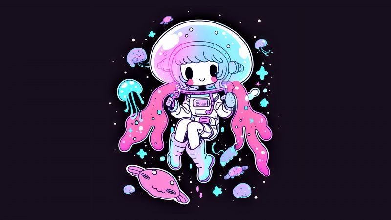 Cute astronaut, Kawaii girl, Surreal, Neon art, 5K, 8K, Girly backgrounds, Wallpaper