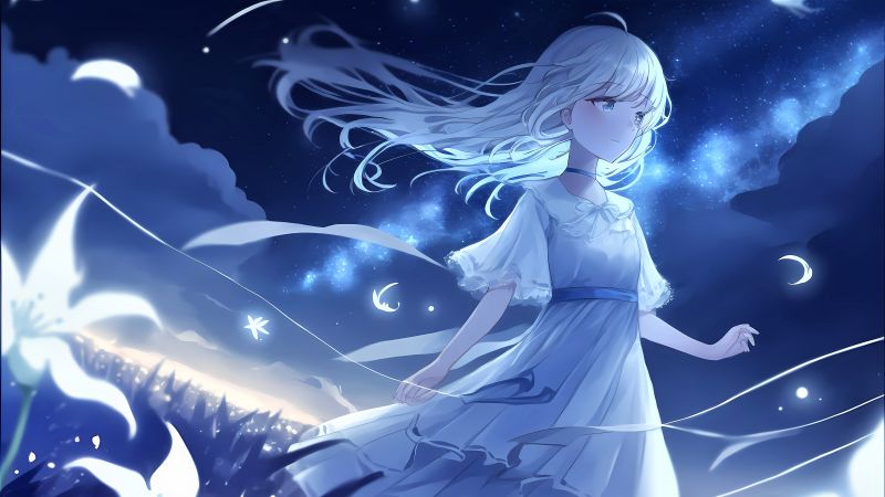 Anime girl, Night, Surreal, Blue background, Starry sky, 5K, Wallpaper