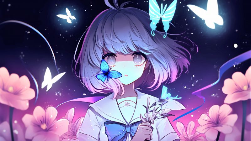 Anime girl, Girly backgrounds, Surreal, Fairy, Butterflies, 5K, Wallpaper