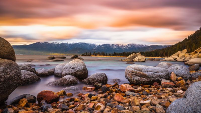 Lake Tahoe, Sierra Nevada mountains, Rocks, Landscape, 5K, Wallpaper