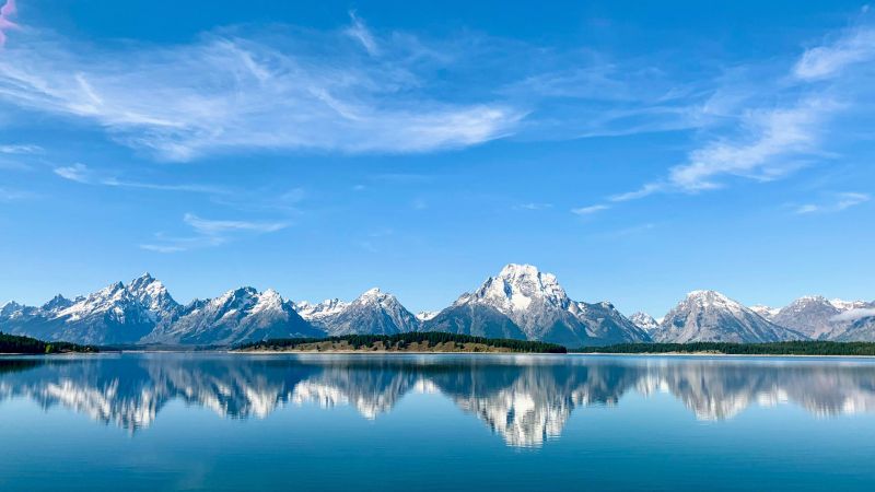 Grand Teton National Park, Mountains, Lake, Clear sky, Sky blue, Reflections, Wyoming, Wallpaper