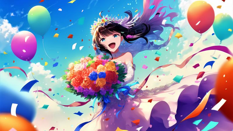 Bride anime, Cute anime, Anime girl, Happy girl, Colorful anime, Flower bouquet, Colorful flowers, 5K, Girly backgrounds, Colorful background, Wallpaper