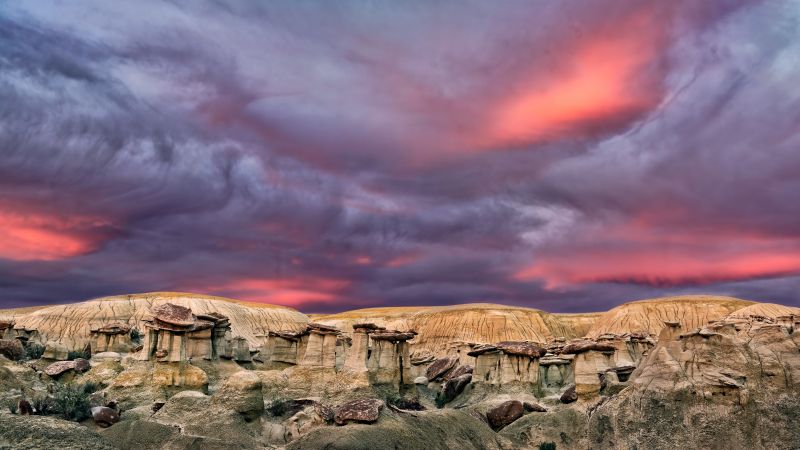Ah-Shi-Sle-Pah Wilderness, Sunset, San Juan County, New Mexico, Clay hills, 5K, 8K, Cloudy Sky, Wallpaper