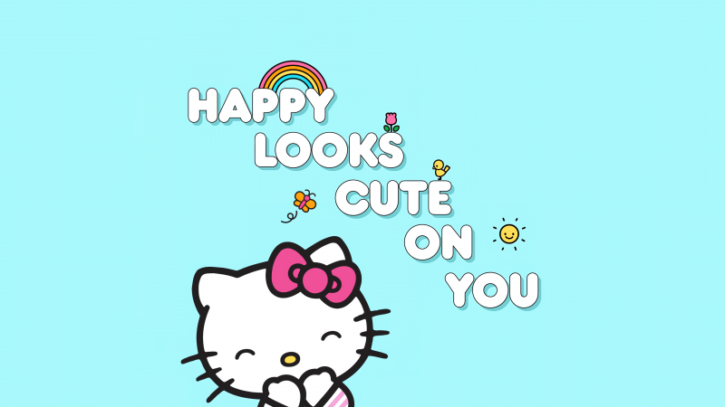 Happy looks cute on you, Hello kitty quotes, Cyan background, Hello Kitty background, Wallpaper