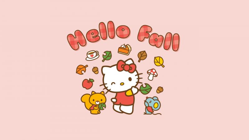 Hello Fall, Hello Kitty background, Pastel pink, 5K, Wallpaper