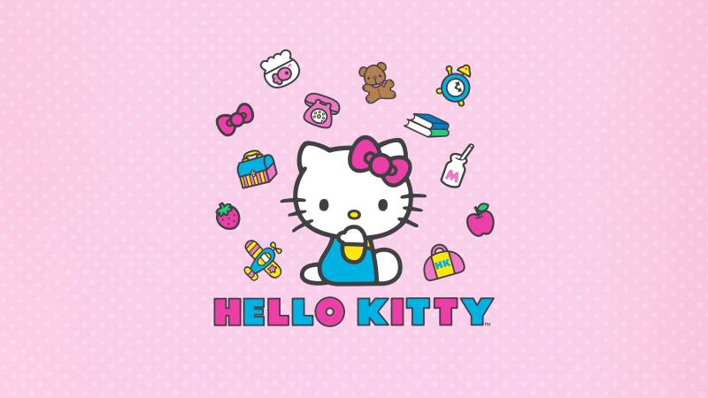 Hello Kitty, Pink background, Pink polka dot background, 5K, Wallpaper