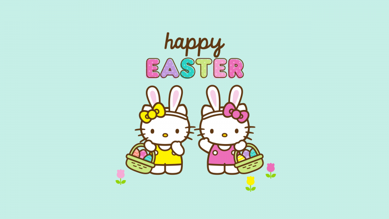 Happy Easter, Cute hello kitties, Pastel background, 5K, Hello Kitty background, Sanrio, Wallpaper