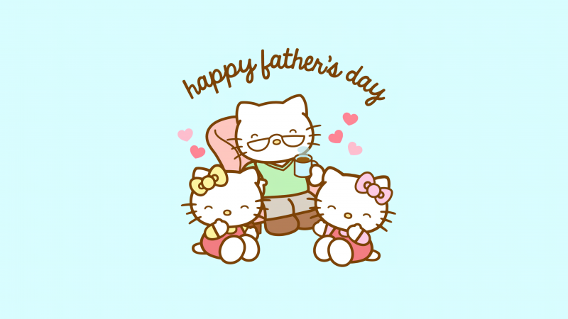 Happy Fathers Day, Cute hello kitties, Cyan background, Hello Kitty background, Wallpaper
