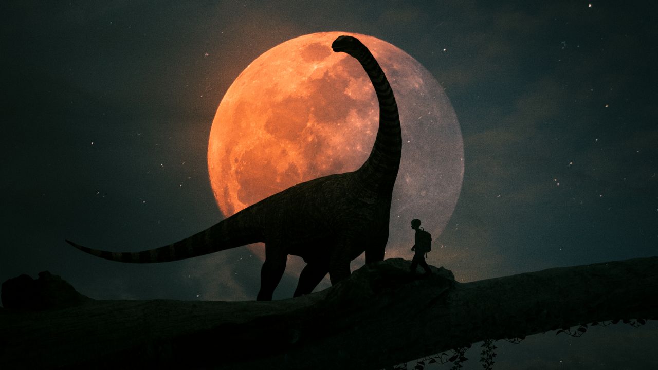 dinosaur kid night travel discover moon silhouette