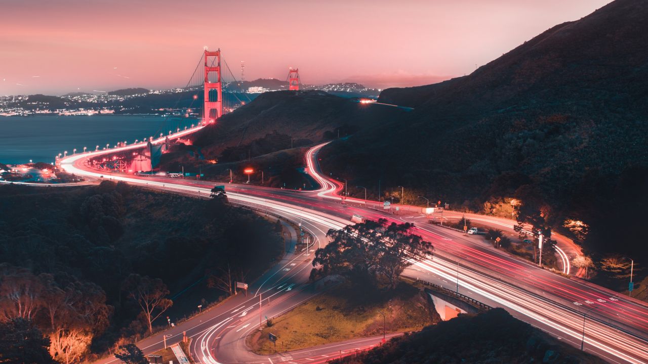 golden gate bridge sunset traffic san francisco usa