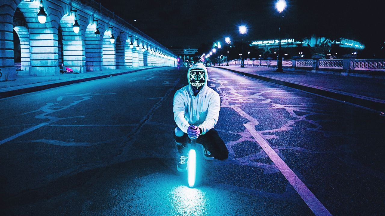 Man Wallpaper 4K, LED mask, Lightsaber, Road, Tarmac, City lights