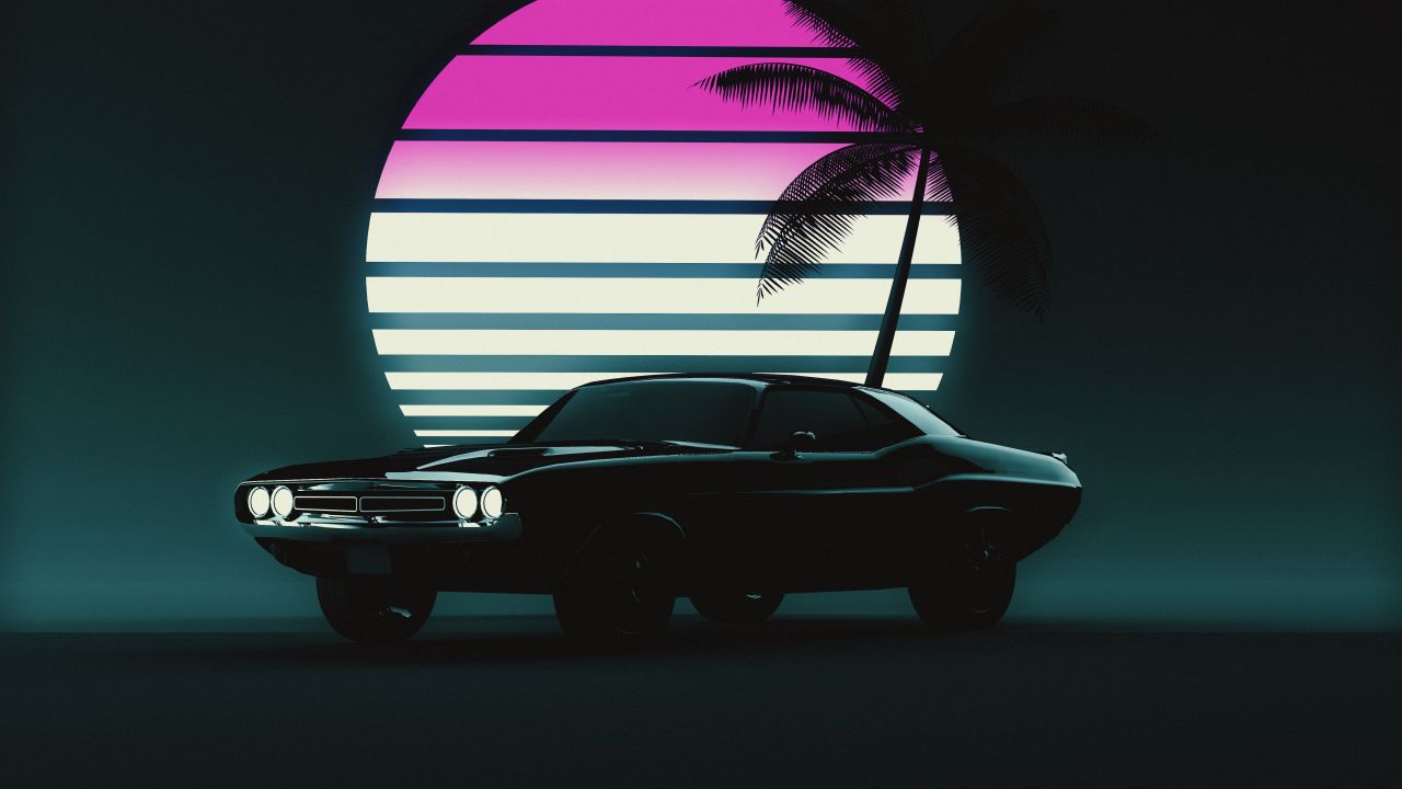 muscle car retro vintage car sunset neon 5k