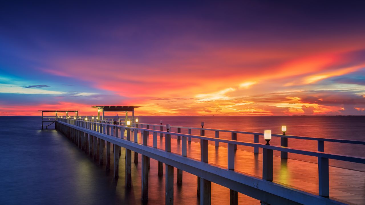 Wooden pier Wallpaper 4K, Resort, Bridge, Sunset, Horizon