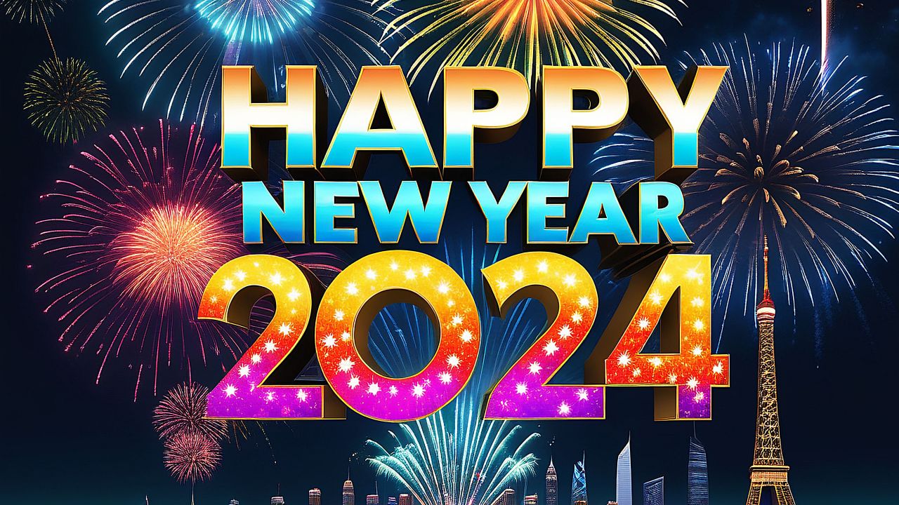 Happy New Year 2024 Wallpaper 4K, Fireworks, AI art, Vibrant, CGI